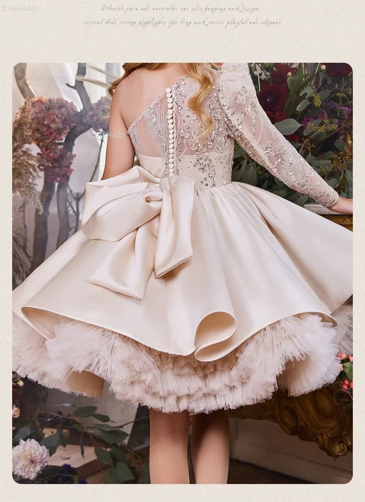 2026 nuevo vestido para niños vestido de princesa con lentejuelas un hombro falda acampanada con lazo Patchwork niños niñas traje Formal de celebración de fiesta