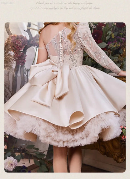 2026 nuevo vestido para niños vestido de princesa con lentejuelas un hombro falda acampanada con lazo Patchwork niños niñas traje Formal de celebración de fiesta