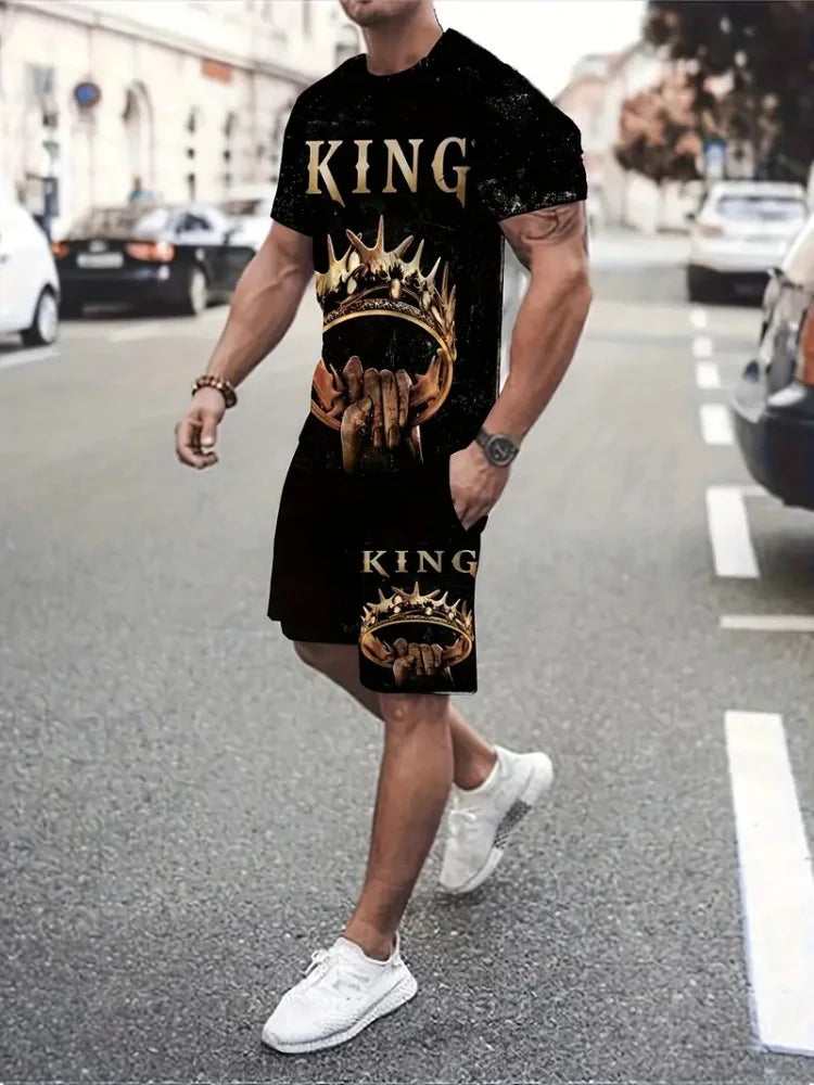 Sencillo de mármol con estampado en 3D, Top y Shorts de cuello redondo para hombres, moda urbana, traje informal de día a día para hombres
