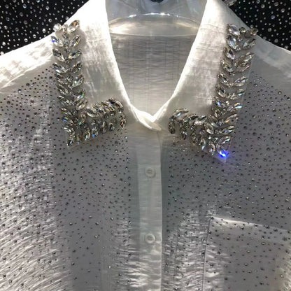 Camisas y Blusas de gran tamaño con perforación en caliente de diamante de punto exquisito de lujo para mujer 2024 Primavera Verano Tops de manga larga Blusas
