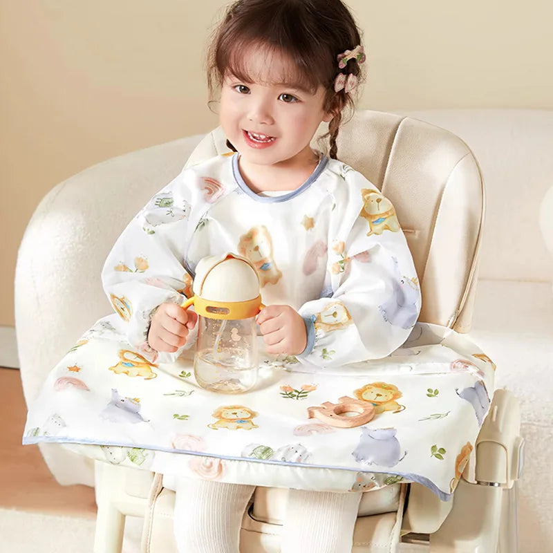 AIBEDILA Baberos impermeables para bebés, babero de manga larga para destete, se sujeta a la mesa de la trona, dobladillo desmontable, 6M-6T