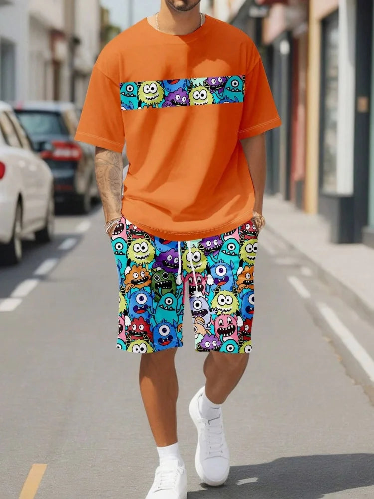 Sencillo de mármol con estampado en 3D, Top y Shorts de cuello redondo para hombres, moda urbana, traje informal de día a día para hombres