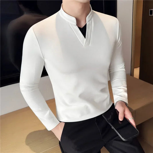 Camiseta elástica falsa de 2 piezas con empalme a la moda coreana, camiseta básica de manga larga con cuello en V ajustada para hombre, camisetas versátiles de Color sólido
