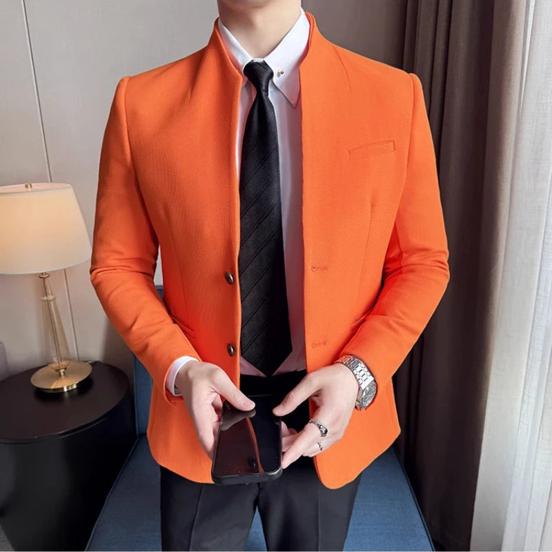 Chaqueta de traje con cuello levantado de alta calidad para hombre, chaquetas de negocios informales, abrigo coreano con gofres para boda, novio, banquete, vestido de fiesta, 2025