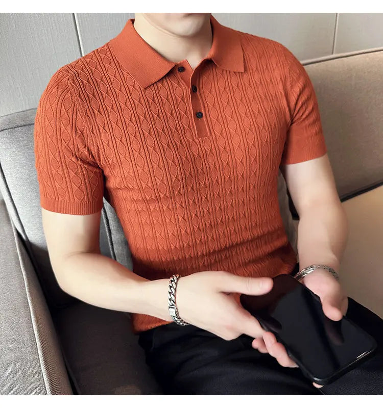Polo de manga corta de punto Jacquard para hombre, camiseta de Golf con solapa de moda, ajustada, nueva