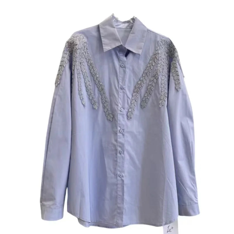 Blusas de algodón con bordado de lentejuelas de lujo, camisas para mujer, tendencia, nueva moda, Tops informales sueltos, Blusas, camisa de oficina para mujer, Tops