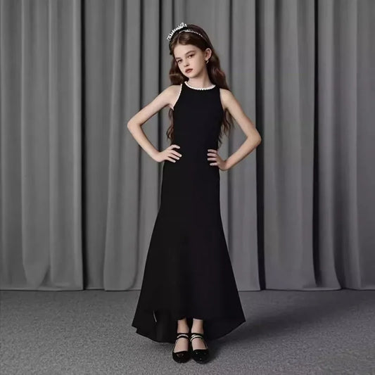 Vestido de noche negro para niñas, vestido para actuación de Piano, modelo de pasarela, flor, disfraz de presentador de fiesta para desfile de niños