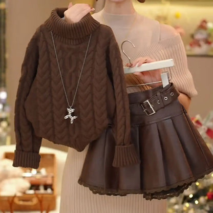 Conjunto de suéter para niñas, primavera, Otoño e Invierno, 2025, nueva moda para niños, suéter grueso versátil, falda de cuero de encaje, conjunto de dos piezas