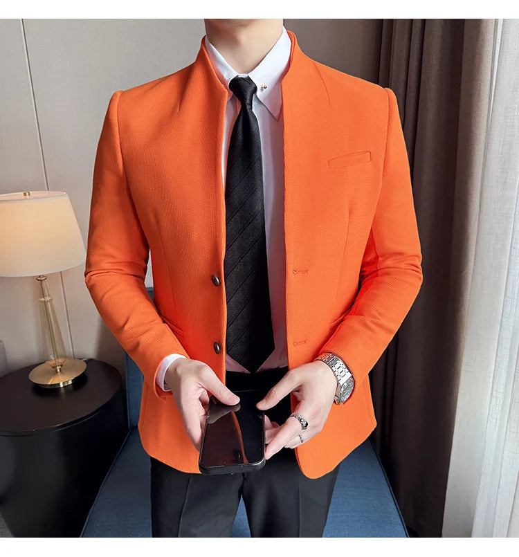 Chaqueta de traje con cuello levantado de alta calidad para hombre, chaquetas de negocios informales, abrigo coreano con gofres para boda, novio, banquete, vestido de fiesta, 2025