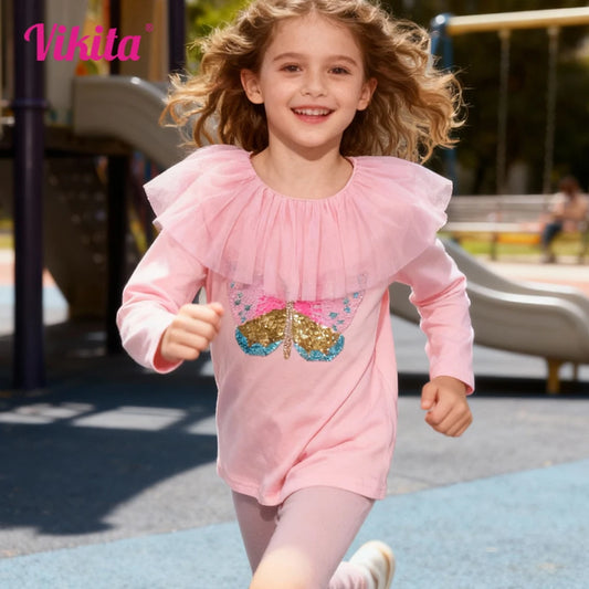 VIKITA, camiseta rosa informal de algodón de manga larga para niños, camisetas y camisetas bonitas con apliques de lentejuelas y mariposa para niñas, ropa para niños