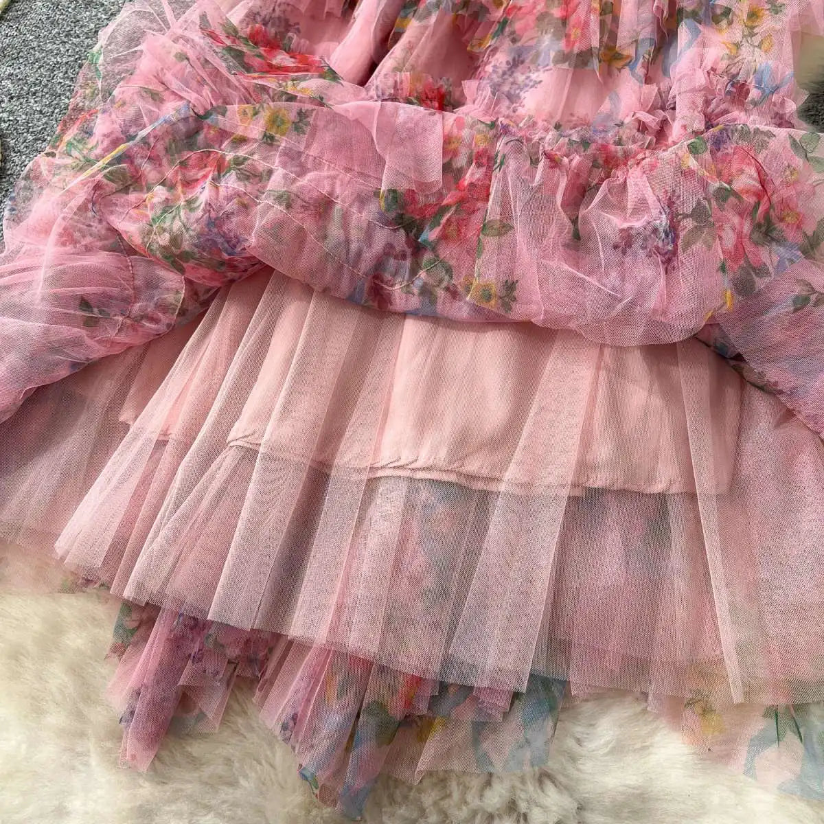 Falda Midi de Malla con Estampado Floral de Cintura Alta Estilo Coreano para Mujer, Falda Hada Abullonada de Fibra de Poliést...