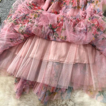 Falda Midi de Malla con Estampado Floral de Cintura Alta Estilo Coreano para Mujer, Falda Hada Abullonada de Fibra de Poliést...
