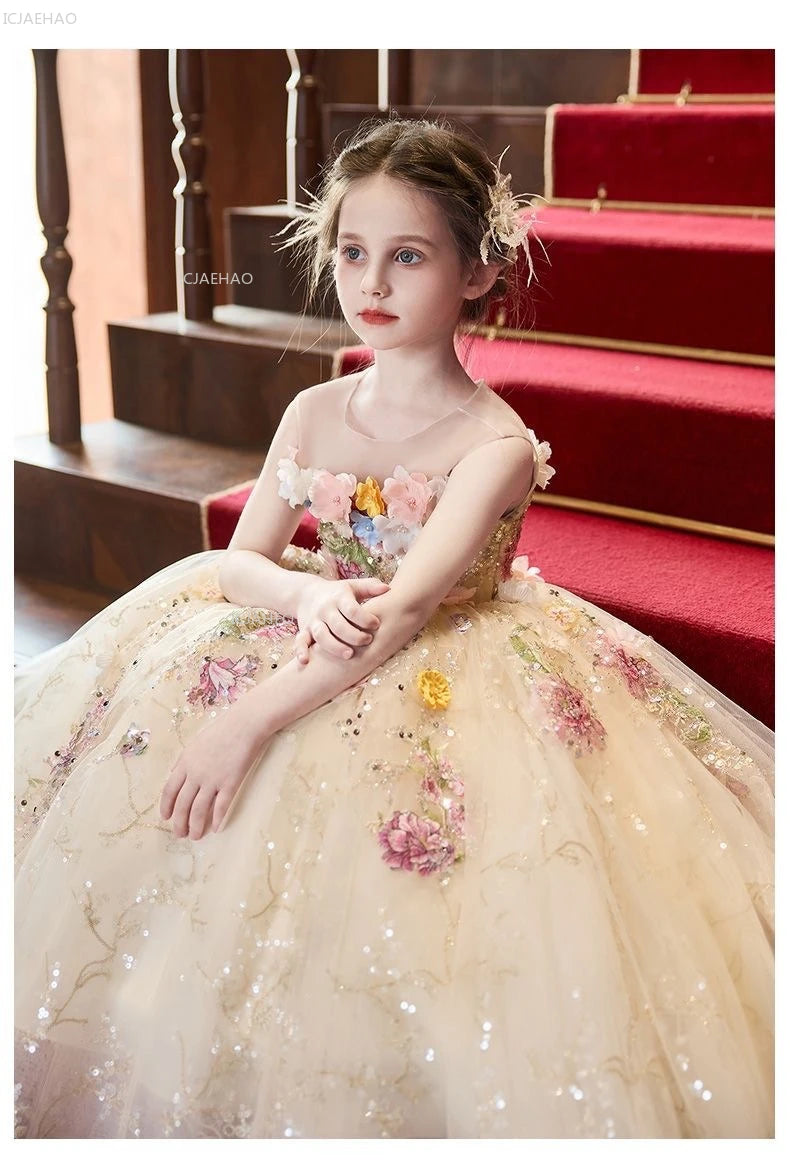Vestido de fiesta de estilo francés para niñas con flores para el pequeño presentador Piano Recital flor niña boda niños vestido de desfile vestidos