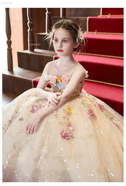 Vestido de fiesta de estilo francés para niñas con flores para el pequeño presentador Piano Recital flor niña boda niños vestido de desfile vestidos
