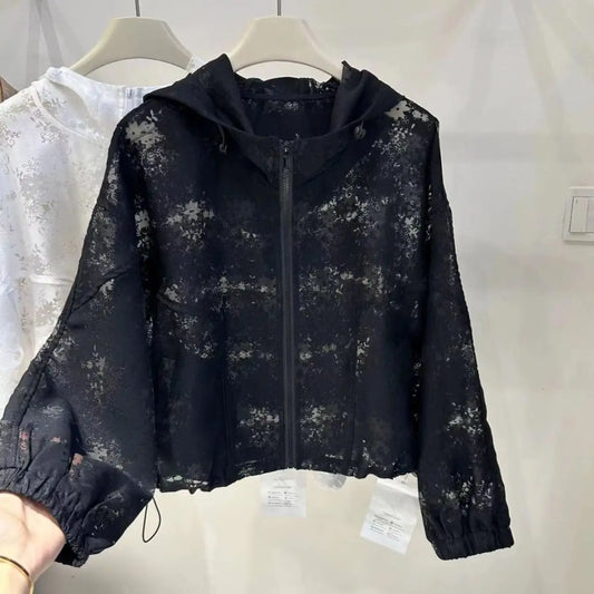 Chaqueta de protección solar con cremallera elegante de encaje para mujer, chaquetas de primavera y verano, abrigo holgado, prendas de vestir Retro