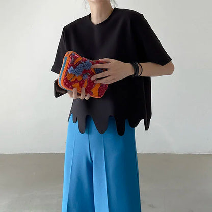 Camisetas de verano de moda coreana, camiseta informal de manga corta con cuello redondo y patrón de onda Irregular, camisetas simples