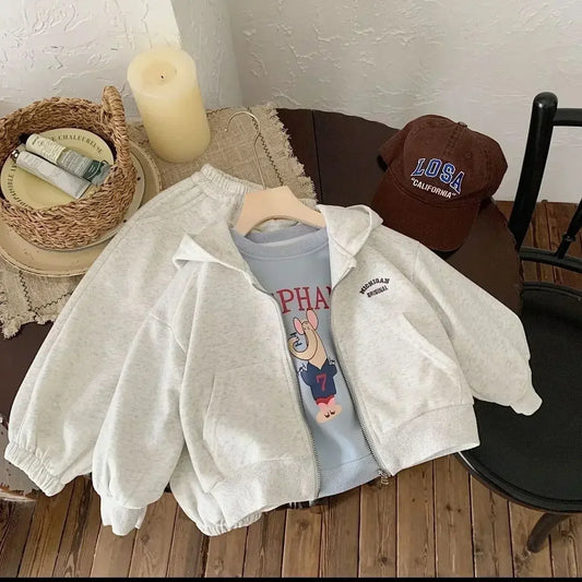 Conjunto de Algodón Compuesto de Alta Calidad para Niños, Primavera-Otoño 2026, Nuevo Estilo Coreano, con Letras, Informal, con Capucha, Deportivo, 2 Piezas