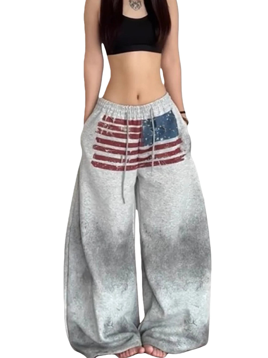 Pantalones Deportivos Casuales Holgados con Forro Polar Gris para Mujer, Pantalones con Estampado de Bandera Americana Teñida...