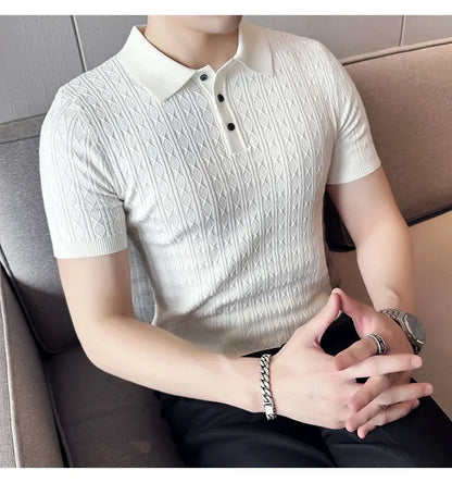 Polo de manga corta de punto Jacquard para hombre, camiseta de Golf con solapa de moda, ajustada, nueva