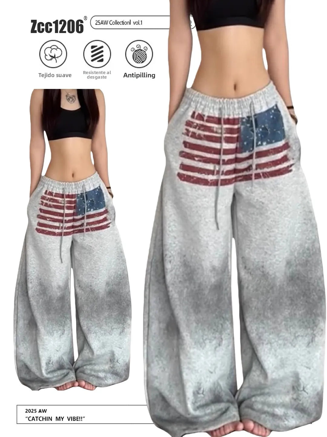 Pantalones Deportivos Casuales Holgados con Forro Polar Gris para Mujer, Pantalones con Estampado de Bandera Americana Teñida...