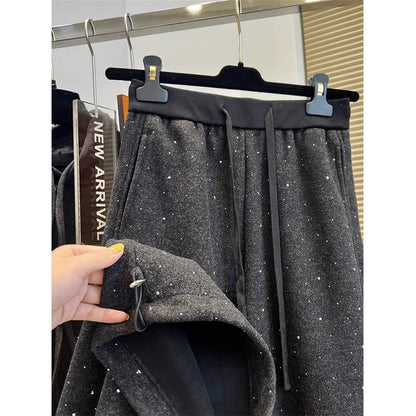 Pantalones de chándal de pierna ancha con forro polar, a la moda para principios de primavera, con empalme de diamantes, pant...