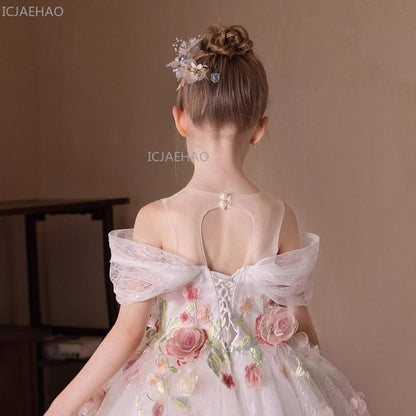Vestido de Fiesta Blanco para Niña, Modelo 2026, con Flores, para Bodas, Cumpleaños, Eventos, Presentaciones, Piano, Princesa, Celebraciones Formales