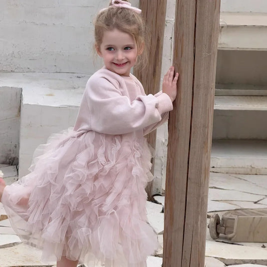 2025 primavera nueva ropa para niños dulce vestido de punto para niños coreanos vestido de hilo de empalme de punto rosa