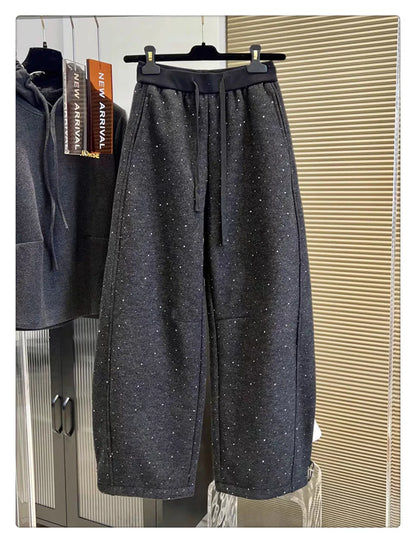 Pantalones de chándal de pierna ancha con forro polar, a la moda para principios de primavera, con empalme de diamantes, pant...
