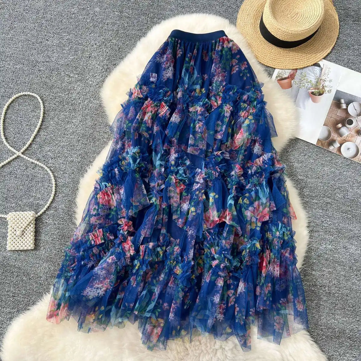 Falda Midi de Malla con Estampado Floral de Cintura Alta Estilo Coreano para Mujer, Falda Hada Abullonada de Fibra de Poliést...