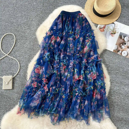 Falda Midi de Malla con Estampado Floral de Cintura Alta Estilo Coreano para Mujer, Falda Hada Abullonada de Fibra de Poliést...
