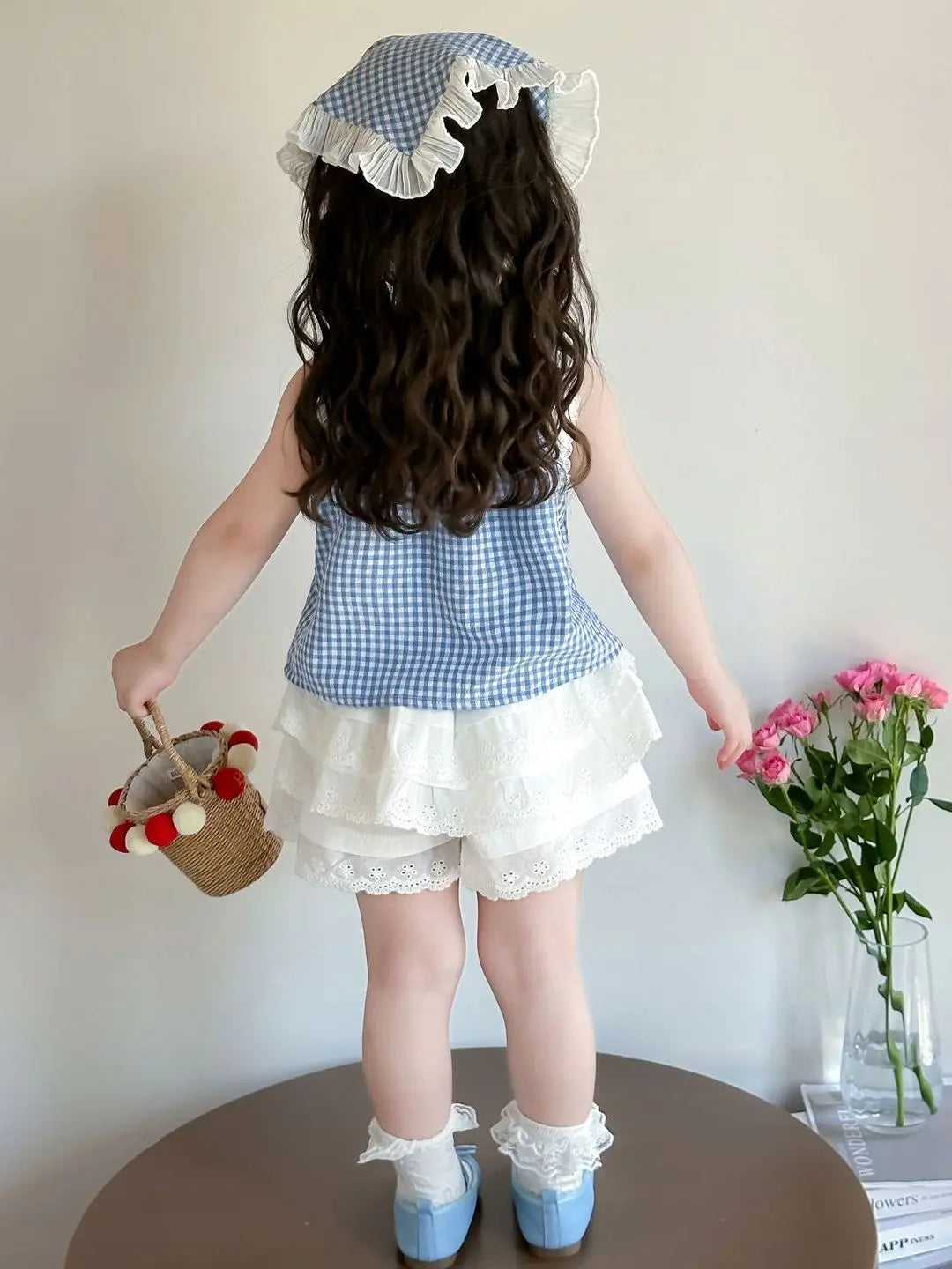 Conjunto de Dos Piezas con Estampado a Cuadros para Niñas, Top Halter con Cuello en V y Falda Corta, Mezcla de Algodón y Poli...