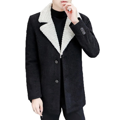 Chaquetas de lana de invierno coreanas para hombres, chaqueta de mezcla de lana gruesa de felpa con solapa, gabardina larga informal de negocios, abrigo de calle