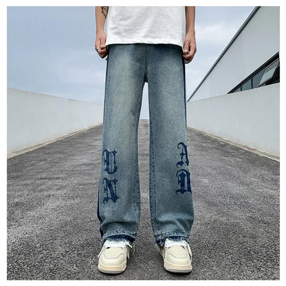 Nuevos pantalones vaqueros holgados azules con estampado de letras góticas Y2K para hombre, ropa de calle Vintage, pantalones vaqueros de pierna recta, pantalones vaqueros holgados de moda Hip Hop