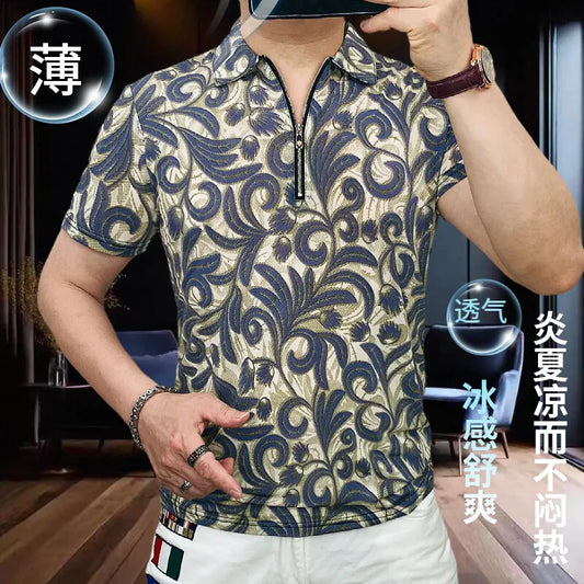 Camiseta de manga corta de Jacquard Vintage de verano para hombre, camiseta informal elástica de seda helada con cuello, Polo Social de negocios con media cremallera