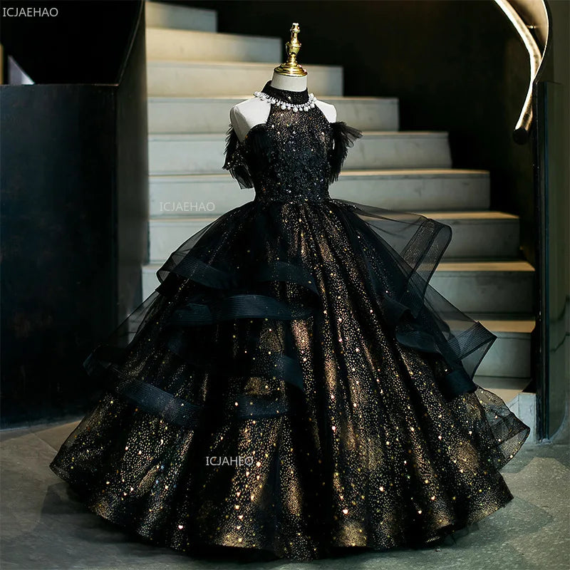 Vestido de fiesta de cumpleaños negro para niñas, vestido de princesa de tul hinchado para actuaciones de Piano, vestidos de desfile de desfile de moda