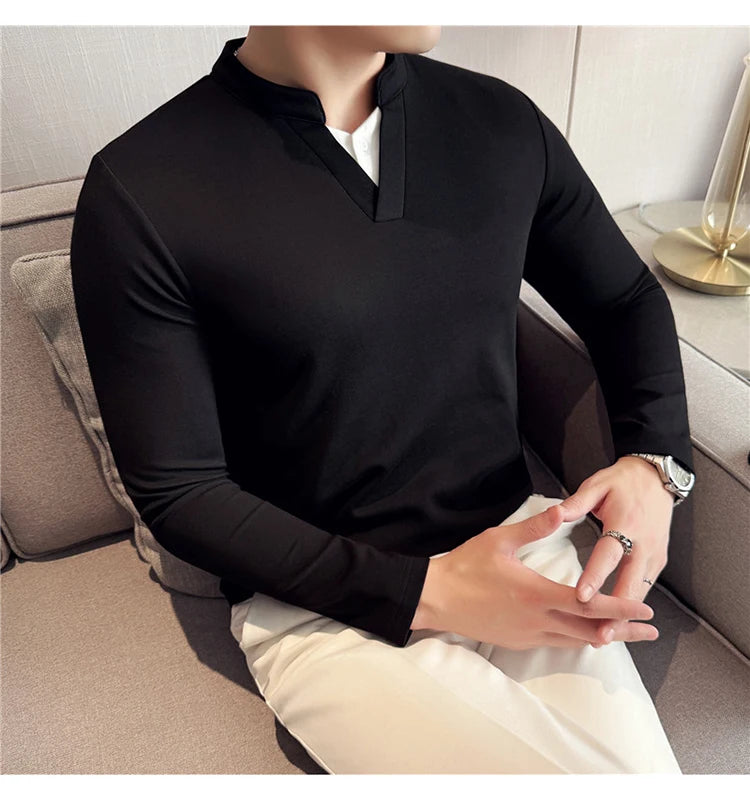 Camiseta elástica falsa de 2 piezas con empalme a la moda coreana, camiseta básica de manga larga con cuello en V ajustada para hombre, camisetas versátiles de Color sólido