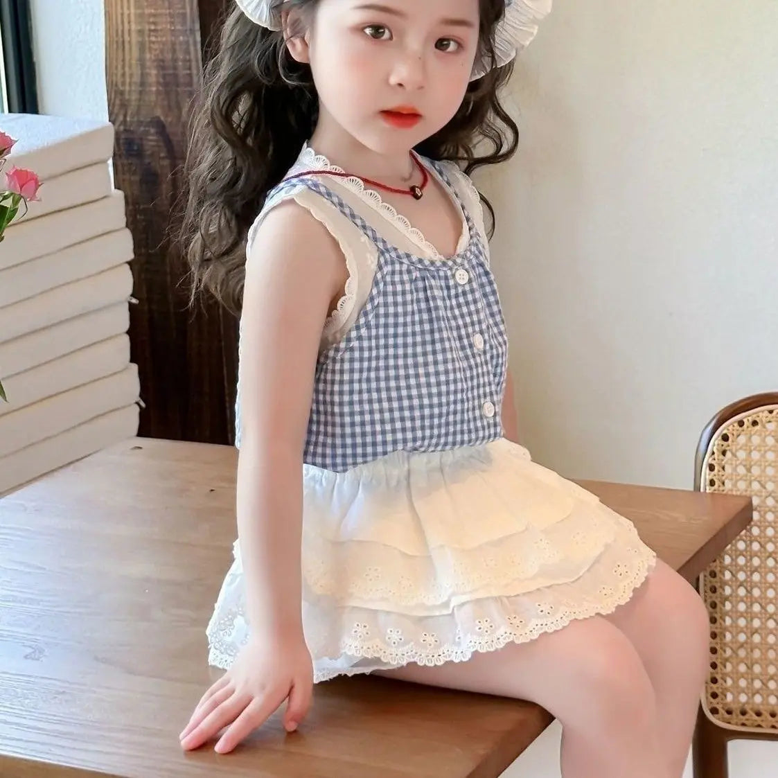Conjunto de Dos Piezas con Estampado a Cuadros para Niñas, Top Halter con Cuello en V y Falda Corta, Mezcla de Algodón y Poli...
