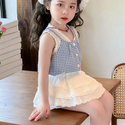 Conjunto de Dos Piezas con Estampado a Cuadros para Niñas, Top Halter con Cuello en V y Falda Corta, Mezcla de Algodón y Poli...