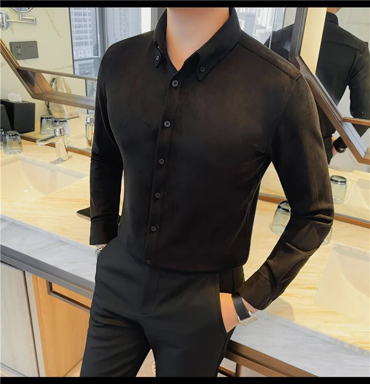 Camisa de ante de alta calidad para hombre, camisas de negocios informales de manga larga para otoño e invierno, blusa de esmoquin para fiesta Social, ropa para hombre 2023