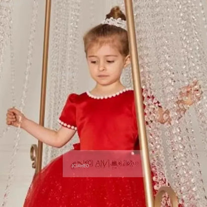 Vestido de fiesta de princesa rojo para niñas, vestido de tul hinchado para cumpleaños, violín, Piano, actuación, desfile de moda, ropa