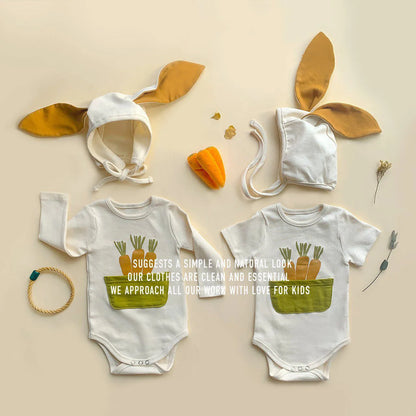 2025 INS ropa infantil para niña moda verano estampado de zanahoria diseño de conejito mameluco para bebé mono de algodón suave 0-24M otoño