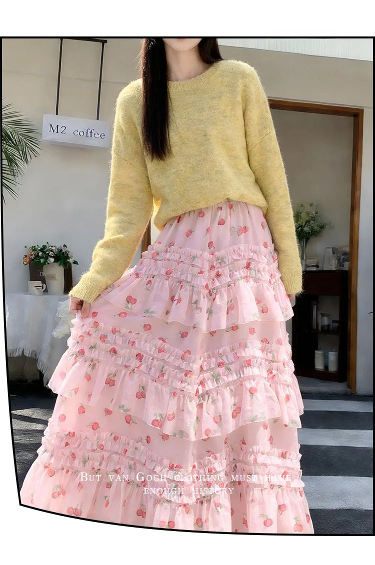 Primavera Verano 2026 Falda Larga de Tul Estampada de Cintura Alta con Empalmes Asimétricos, Falda de Pastel Colorida, Estilo...