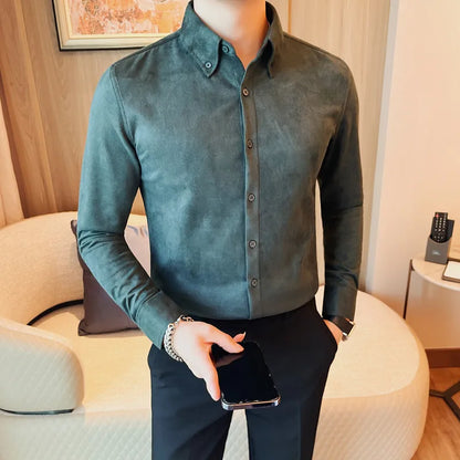 Camisa de ante de alta calidad para hombre, camisas de negocios informales de manga larga para otoño e invierno, blusa de esmoquin para fiesta Social, ropa para hombre 2023