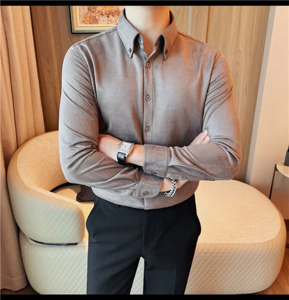 Camisa de ante de alta calidad para hombre, camisas de negocios informales de manga larga para otoño e invierno, blusa de esmoquin para fiesta Social, ropa para hombre 2023