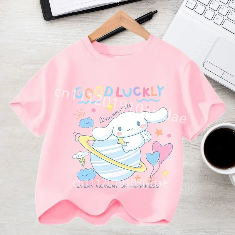 Camiseta de Manga Corta para Niños, Estilo Urbano, Verano 2026, Ropa Casual, Regalo Kawaii, Linda Camiseta de Cinnamoroll para Niña, Camiseta de Algodón con Estampado de Anime