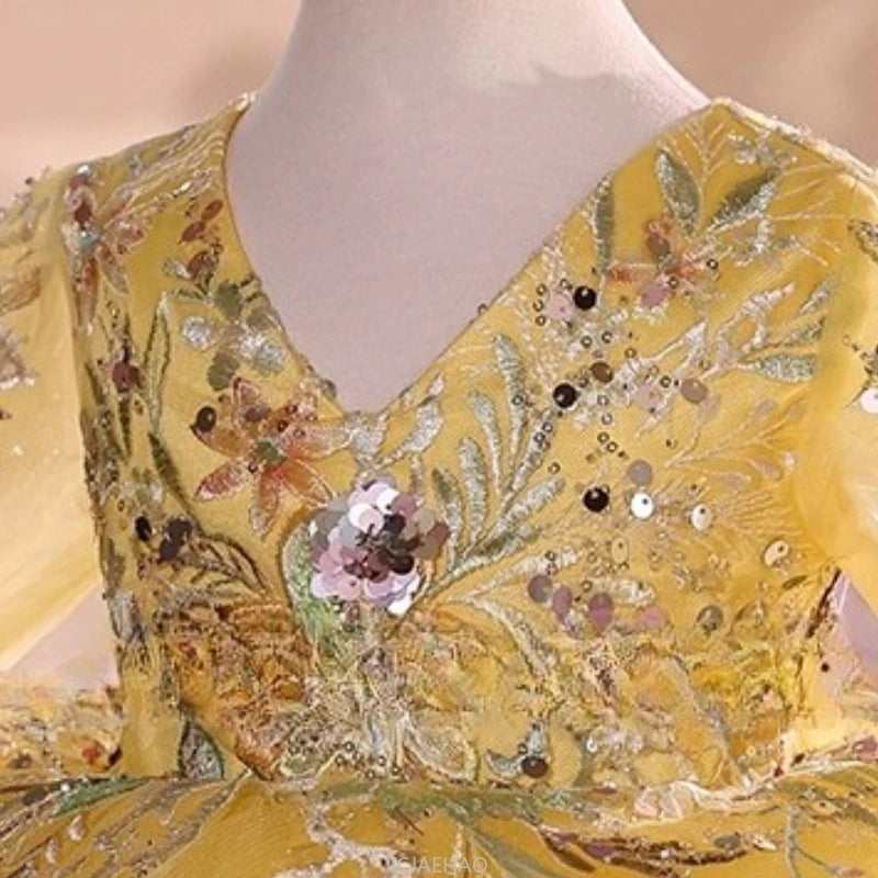 2025 Vestido de fiesta Vestido niños niñas vestidos de novia amarillos disfraz niños flor niña desfile Piano actuación tutú traje