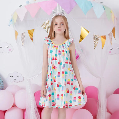 VIKITA-camisola con tirantes para niña, vestido sin mangas con estampado de helado, manga acampanada, ropa de verano