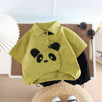 Ropa de algodón para niños, camisa de Panda de dibujos animados, pantalones cortos, 2 unids/set, chándales de moda para niños pequeños, prendas de vestir