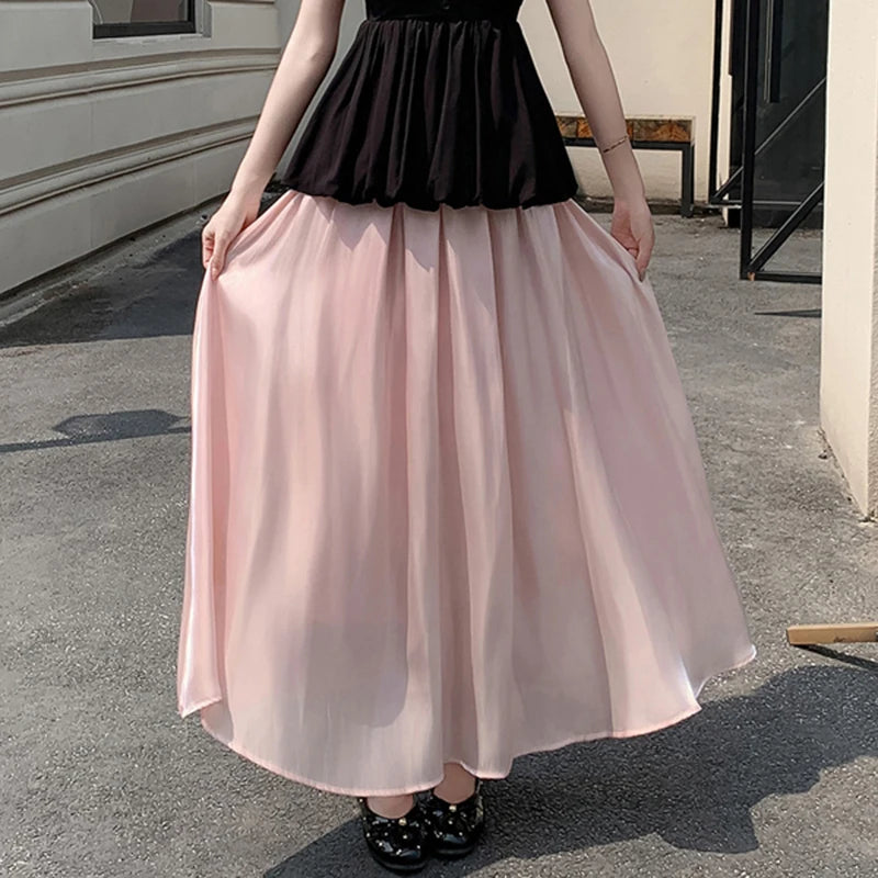 Falda Larga Elegante de Verano para Mujer, Cintura Alta, Línea A, para Vacaciones en la Playa, con Volantes, Estilo Preppy, Dulce, Holgada, Informal y Sencilla