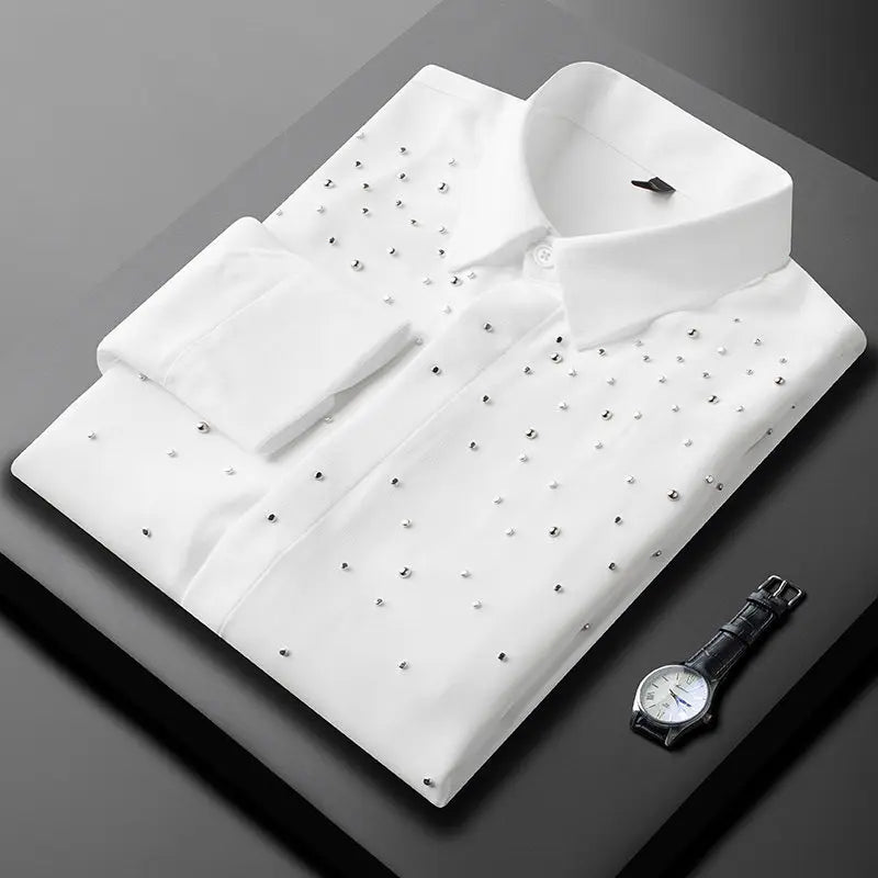 Camisa de Manga Larga Decorada con Pedrería para Hombre, Camisa de Vestir para Banquetes y Fiestas, Camisa Casual de Negocios, Camisa Masculina